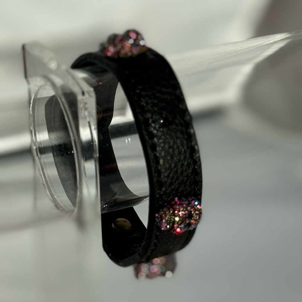 Betsey Johnson Faux Stone Pave Skull Leather Snap Bracelet - Picture 6 of 10